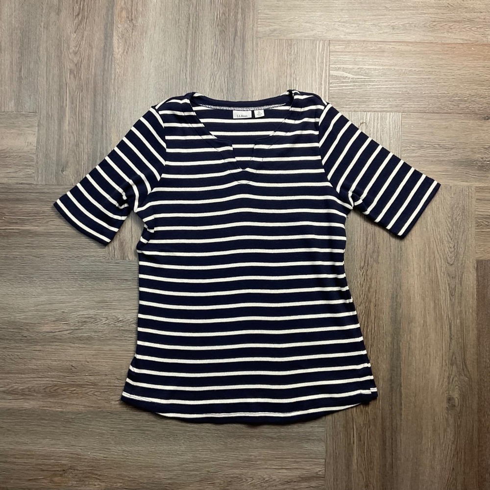 LL Bean Nautical Striped Split Neck Cotton Ribbed Top Womens Small S Navy White